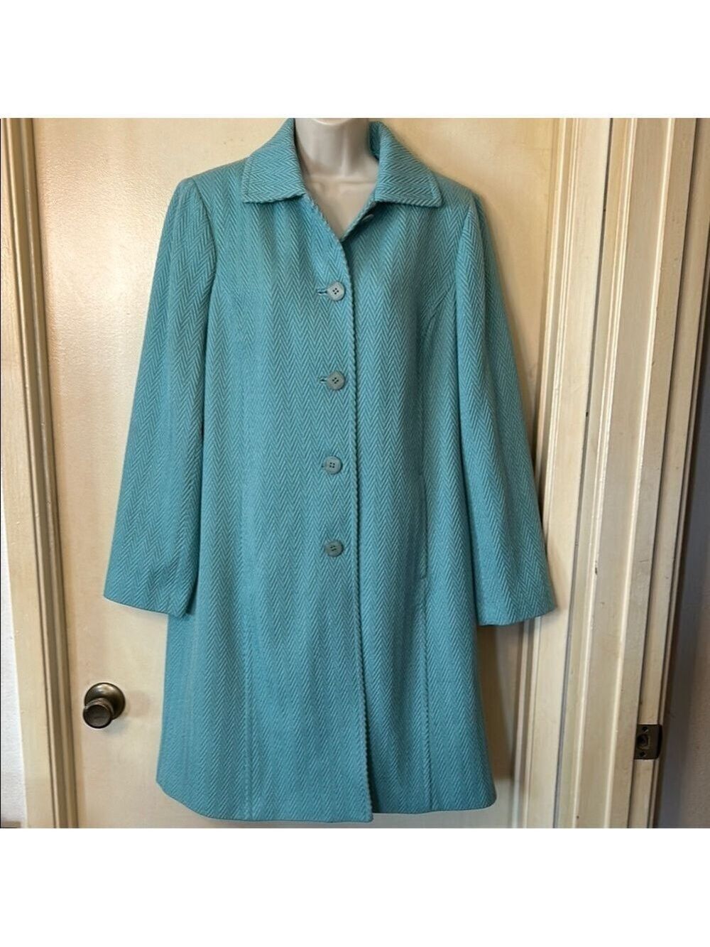 Sigrid Olsen Teal Wool Herringbone Coat with Structured Collar size L